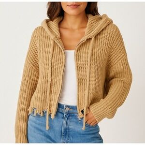 Cropped Zip Up Hoodie MEDIUM Beige Knit Frayed Edge Retro Boho Casual Relaxed